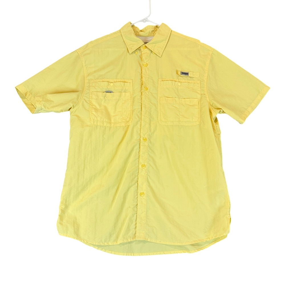 TSLA Fishing Shirt Mens Medium Yellow Short Sleeve Ventilated Hiking Outdoor
